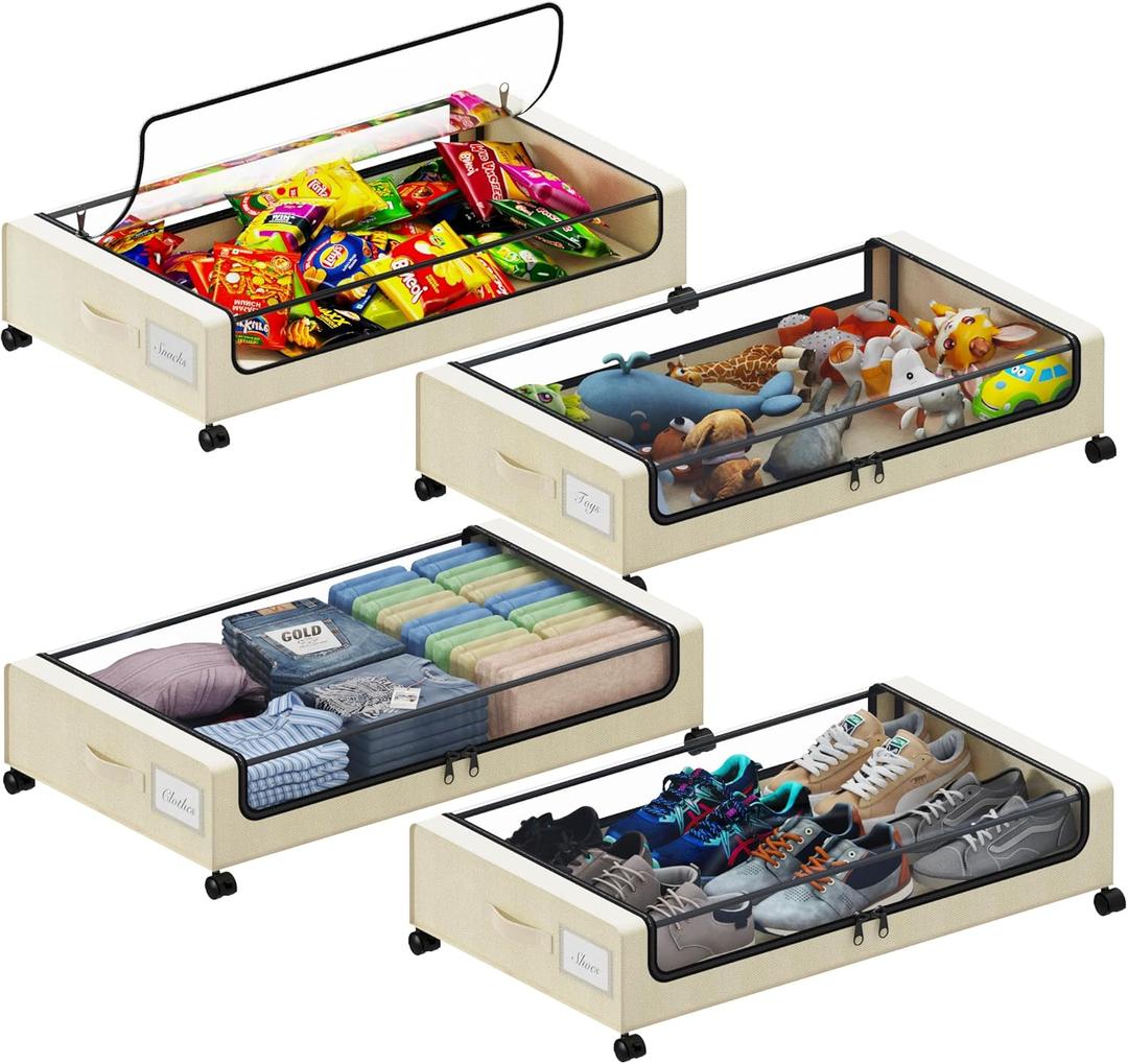 Under Bed Storage with Wheels, XXL 60L Under the Bed Storage Bins, Underbed Storage Containers with Lids & Label, Rolling Metal Drawer for Shoes, Clothes, Books, Toys (4-Pack Beige)