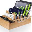 Bamboo Charging Station for Multiple Devices, Cell Phone Docking Charging Station Organizer, Nightstand Bedside Desk Device Charger Organizer for Laptop, Tablets and iPads