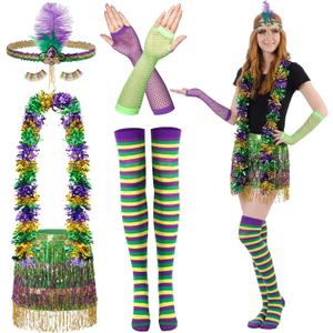 SATINIOR 8 Pcs Mardi Gras Costume Set Women, Tutu Skirt Outfit with Feather Boa & Headband, Carnival Party Favor Accessories (S)