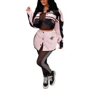 Women Varsity Jacket Detachable Skirt Set 2 Piece Motorcycle Biker Race Car Driver Costume Bomber Streetwear Pink, Size XL