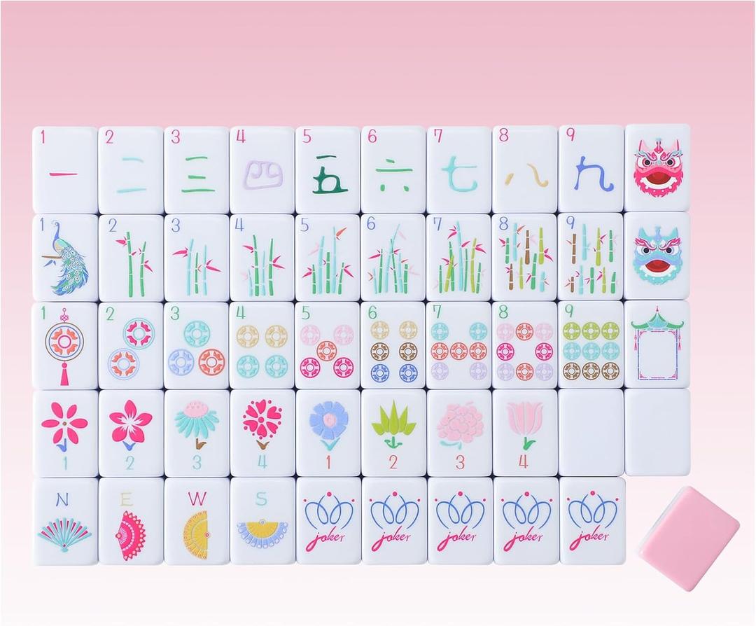 160 Pink American Printed Mahjong Game Set with Carrying Bag and Accessories, 1.2 Mahjong Tile Set, 1.2 X 0.9 X 0.59 Inches