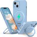 Liquid Silicone Case for iPhone 14 with Magnetic Ring Stand, Upgraded Camera Lens Protection, Mil-Grade Drop Shockproof, Anti-Scratch Microfiber Lining Silicone Case (Azure Blue)