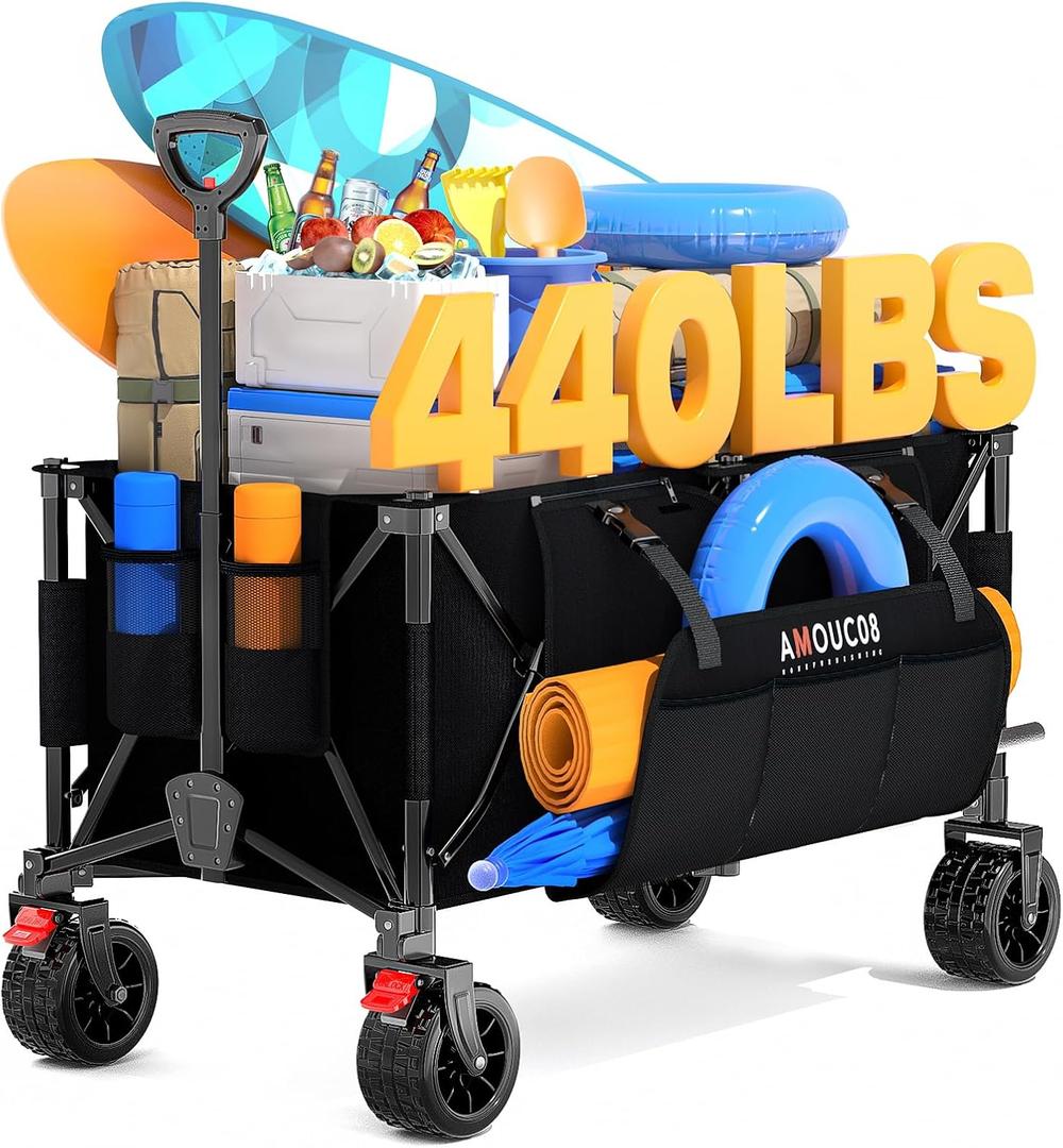 300L Large Wagons Carts Foldable, Heavy-Duty Collapsible Wagon Cart with All-Terrain Wheels, 440 lbs Capacity, Compact Folding Wagon for Camping, Beach, Sports, and Outdoor Hauling