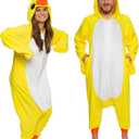 Funziez! Adult Onesie Halloween Costume Animal Dinosaur Shark Unisex Plush One Piece Cosplay Suit for Adults, Men and Women (Medium, Duck)