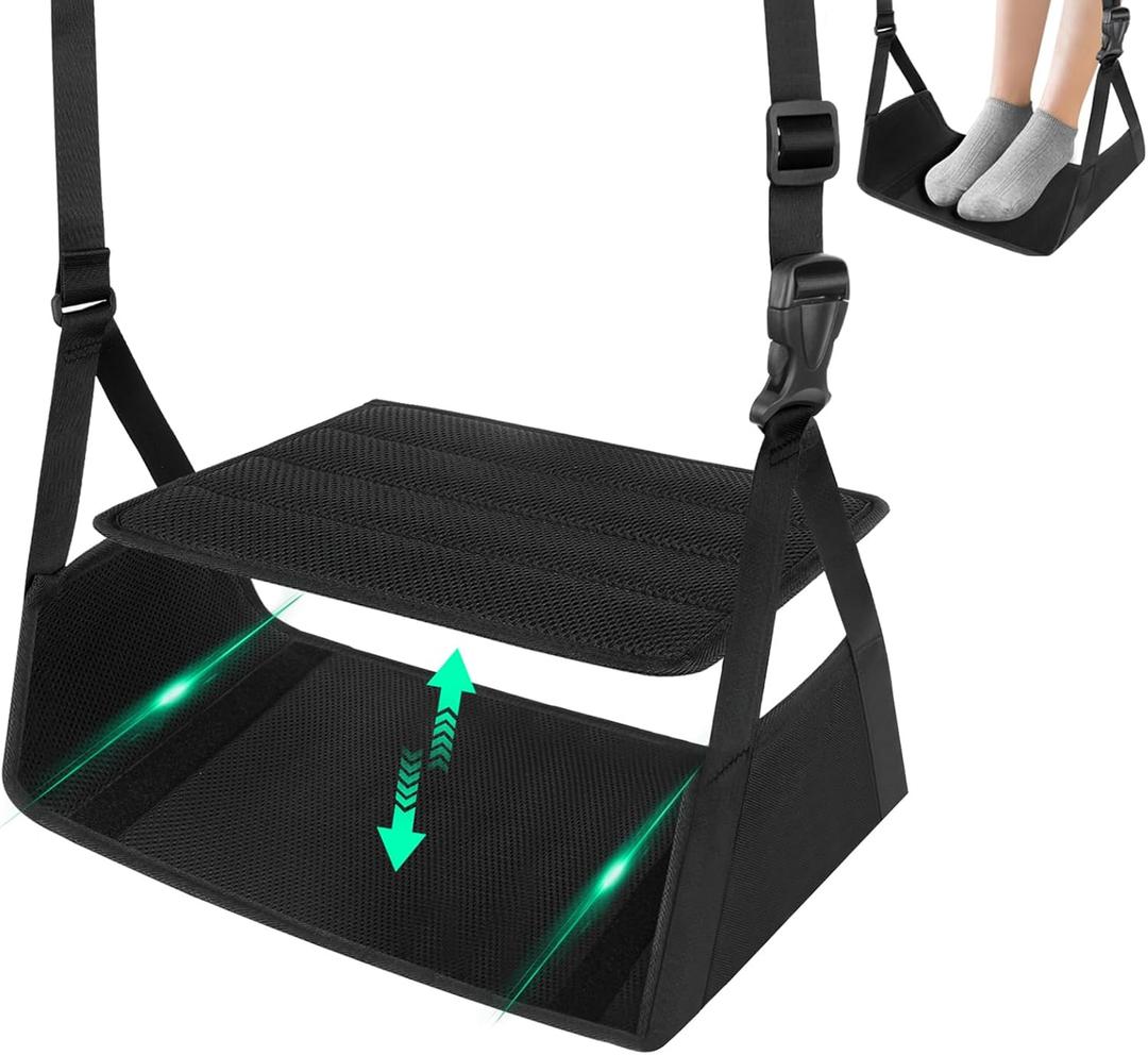 Airplane Foot Hammock for Plane Travel Essentials, Airplane Foot Rest with 2 in 1 Removable Support Pad, Adjustable Foot Hammock with Thicken Memory Foam, Foot Rest for Plane Travel Foot Leg Rest (Black)