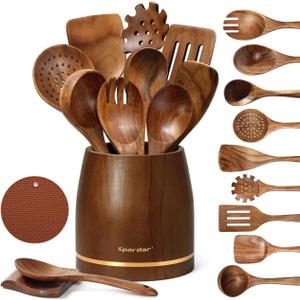 Spardar Wooden Spoons for Cooking, 12 Pcs Teak Wooden Utensil Set with 9 Pcs Spoons, Spoon Rest, 4.2" Utensil Holder, and Potholder for Kitchen Decor & Housewarming Gift