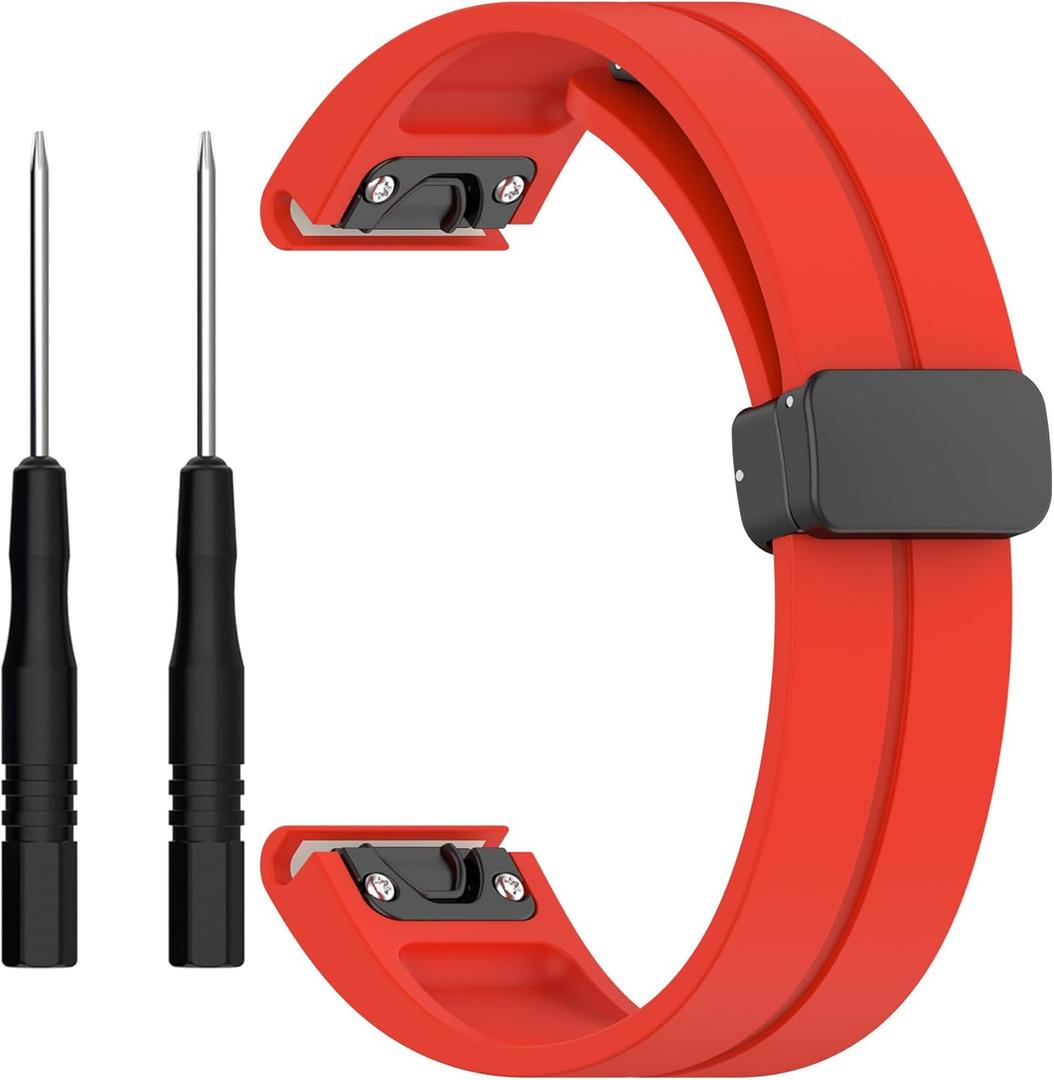 26mm 22mm 20mm QuickFit Watch Band Compatible with Garmin Fenix 8 7 6 5 3 hr 6s 5s 6x 5x Forerunner 935 945 965 Magnetic Silicone Watch Band for Garmin Instinct Approach MARQ Descent Quatix Epix Pro (Red)