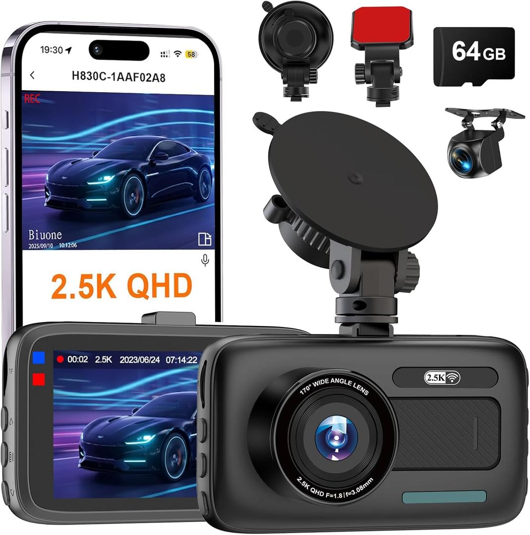 Dash Cam Front and Rear, 2.5K Dual Dash Camera W/ 64GB Card,3" IPS Screen Dash Cam Built-in 5G WiFi, Car Camera with G-Sensor, Loop Recording, Night Vision, 24H Parking Monitor,170Wide Angle