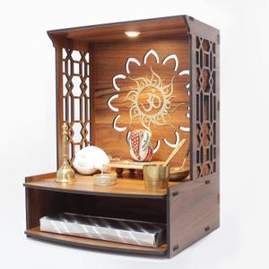 Wooden Pooja Stand for Home, Temple, Office, Wall Mounted Puja Mandir with LED Spot Light, Size (H- 15.5, L- 11.5, W-11 Inch)