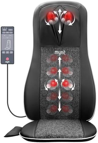 Mynt Shiatsu Neck and Back Massager with Heat, 3D Kneading Full Back Massager for Pain Relief Deep Tissue, Foldable Adjustable Chair Massager for Home Office, Christmas Gift for Dad Mom, Black