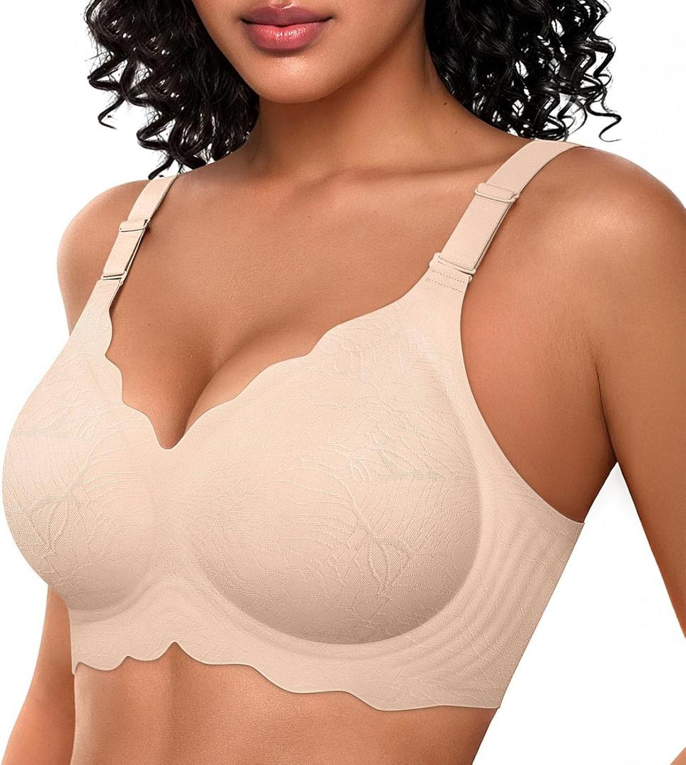 OEAK Women Bras No Underwire Scalloped Push Up Buttery Soft Tshirt Bra Seamless Full Coverage Convertible Everyday Bra (3XLarge, Jacquard Nude)
