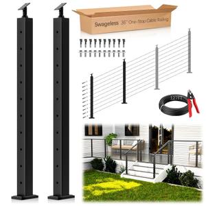 4-12FT Swageless Black Stair Cable Railing Kit 36Inch 2 Stair Post Kit Fit 28-38 Degree Stairway, Cable Railing System with Patent Terminal for Staircase, Railing Kit Length Adjustable Easy DIY