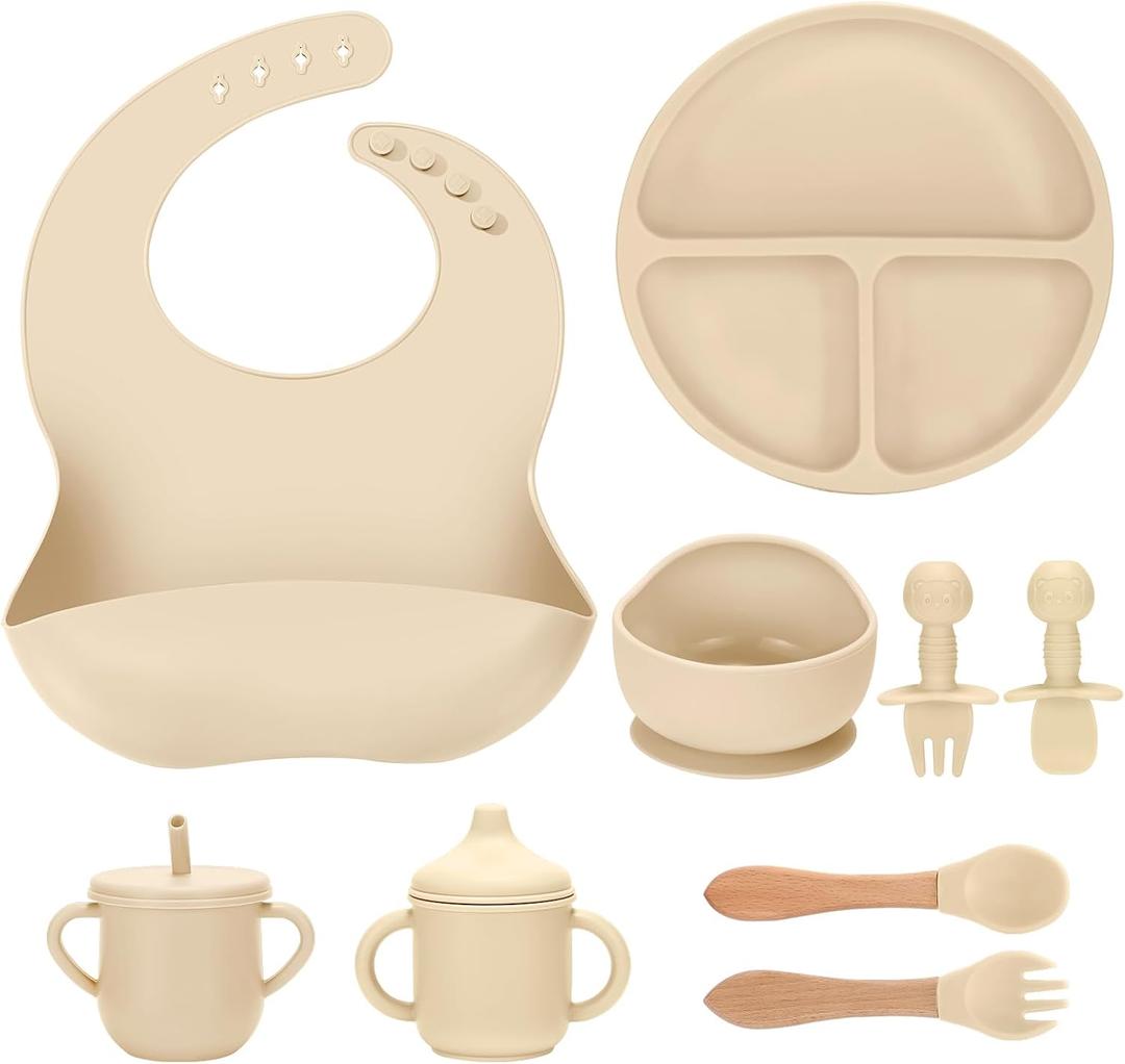 Silicone Baby Feeding Set 9 Pcs, Spill-Proof Suction Plate, Bowl, Bib, Silicone spoon & forks, Wooden Spoons & forks, Training cup with straw and Sippy Cup, Baby Eating Utensils (Beige)