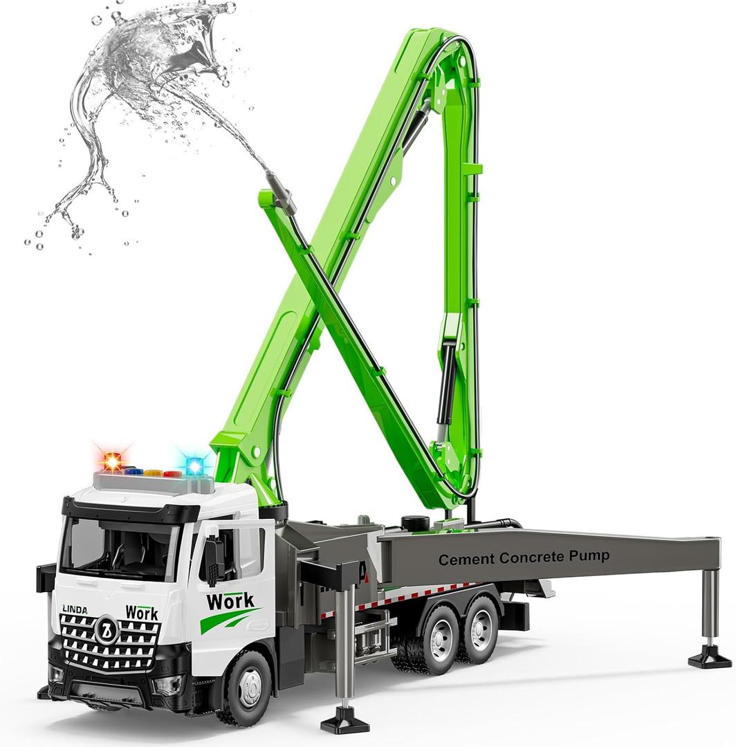 Cement Concrete Pump Truck Toy - Extendable Concrete Boom Pump Construction Trucks Site Playset Building Water Spray Todder Kids Age 3 4 5 6 7 8 Year Old Boy Birthday Christmas Vehicles Education Gift