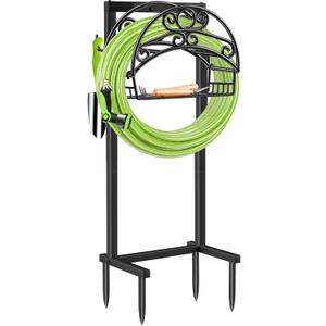 TomCare Garden Hose Holder Upgraded Water Hose Holder with Storage Basket Heavy Duty 4 Spikes Hose Hanger Holds 160 Feet Hoses Stable Freestanding Hose Storage Organizer for Outside Yard