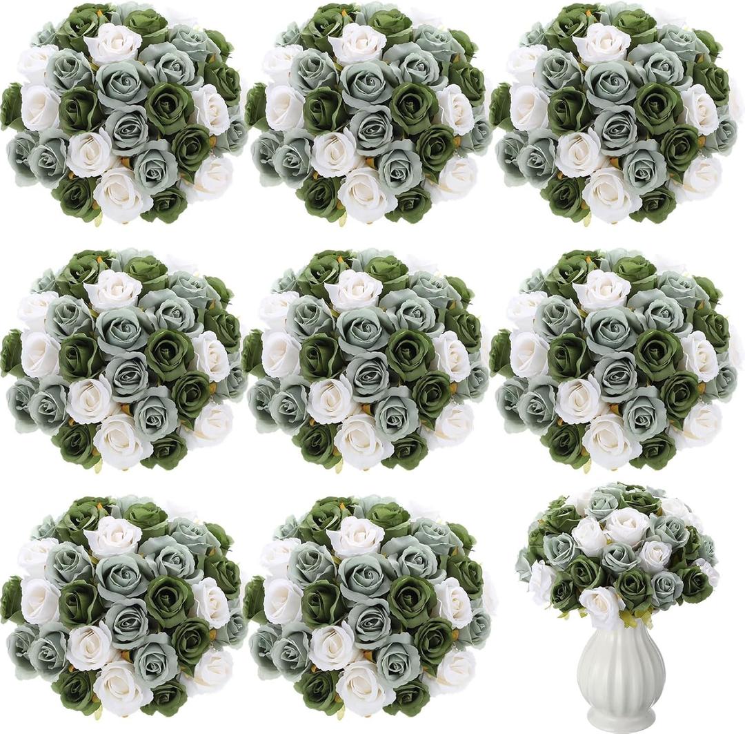 Hoteam 72 Heads White Green Artificial Rose Flowers 6 Bouquet Wedding Decoration Faux Flower Arrangement Bouquet with Stem Bridal Shower Gift Floral Centerpiece for Tables