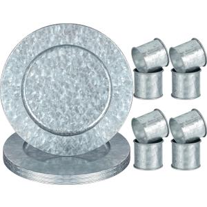 Charger Plates 13 Inches Chargers for Dinner Rustic Galvanized Charger Plates Napkin Ring Farmhouse Napkin Modern Rings for Dinning Table Decor, Simple, Silver(8 Sets)