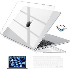 EooCoo Compatible with MacBook Air 13 inch Case 2025 2024-2022 M4 M3 M2 Model A3240 A3113 A2681, Mac Air 13.6 inch Transparent Hard Shell & Keyboard Cover & Screen Film & Type-C, Shiny Crystal Clear