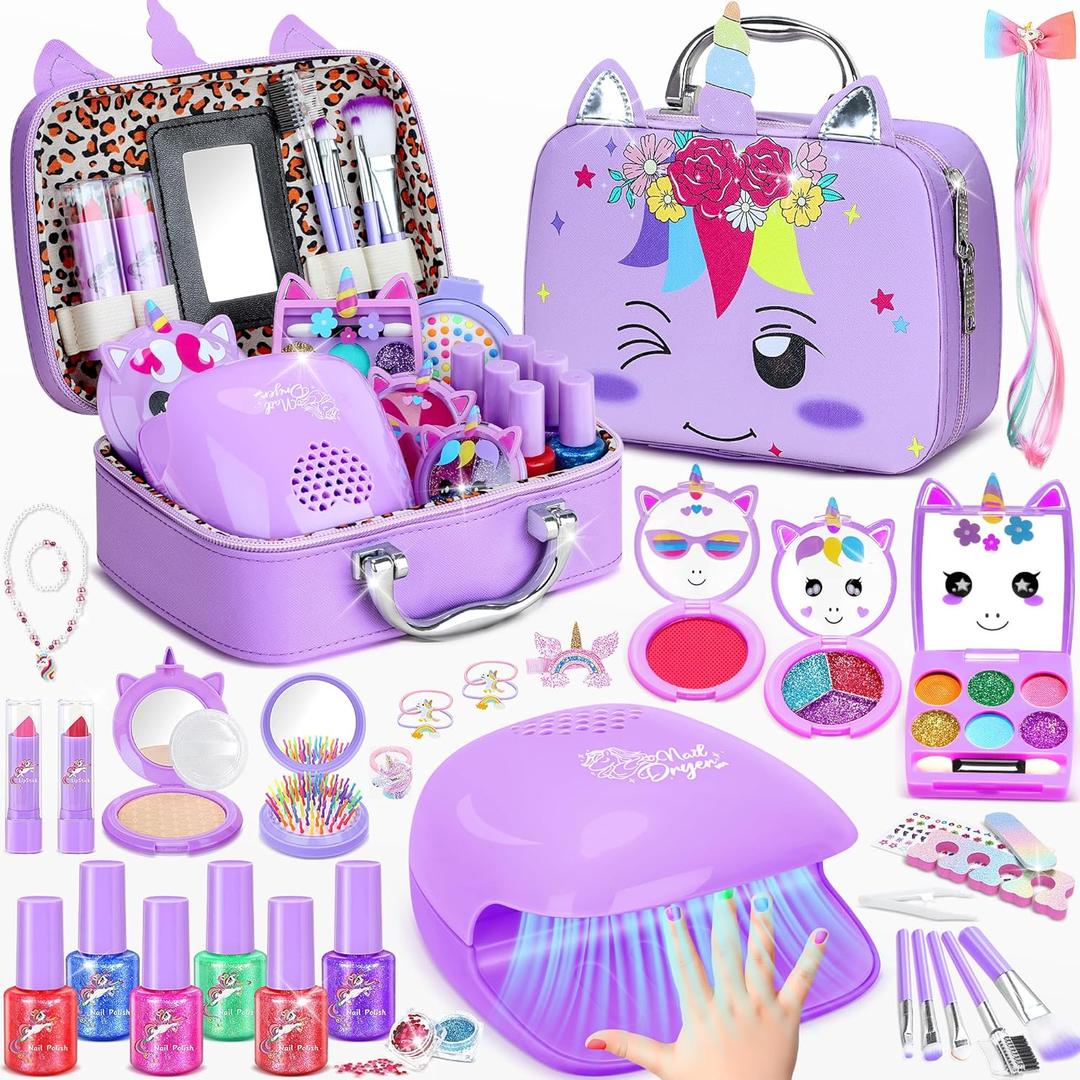 PERRYHOME Kids Makeup Kit for Girl, Kids Nails Polish Set for Girls, Unicorn Real Washable Cosmetic Set, Non-Toxic Makeup Toys, 2026 New Princess Toys & Birthday Gifts for Girls for 3-12 Years Old