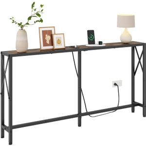 Console Table with Oulets and USB Ports, 55.1" Sofa Table Behind Couch, Industrial Long Skinny Stand for Hallway, Living Room, Bedroom, 6.5 Feet Power Cord, Rustic Brown