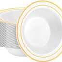 50 Pack Disposable Soup Bowls with Gold Rim, 12oz Premium Heavy Duty Plastic Dinner Bowls for Party, Wedding and Holiday