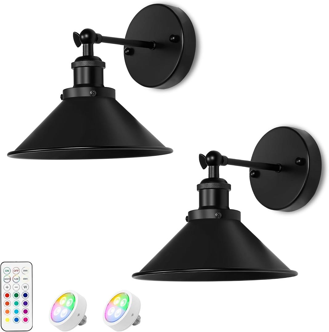 Battery Wall Sconces Set of Two, Battery Operated Sconces, Dimmable Cordless Wall Sconce, RGB Fabric Wall Lights No Hardwired Need, Suitable for Bedroom Living Room Corridor Kitchen