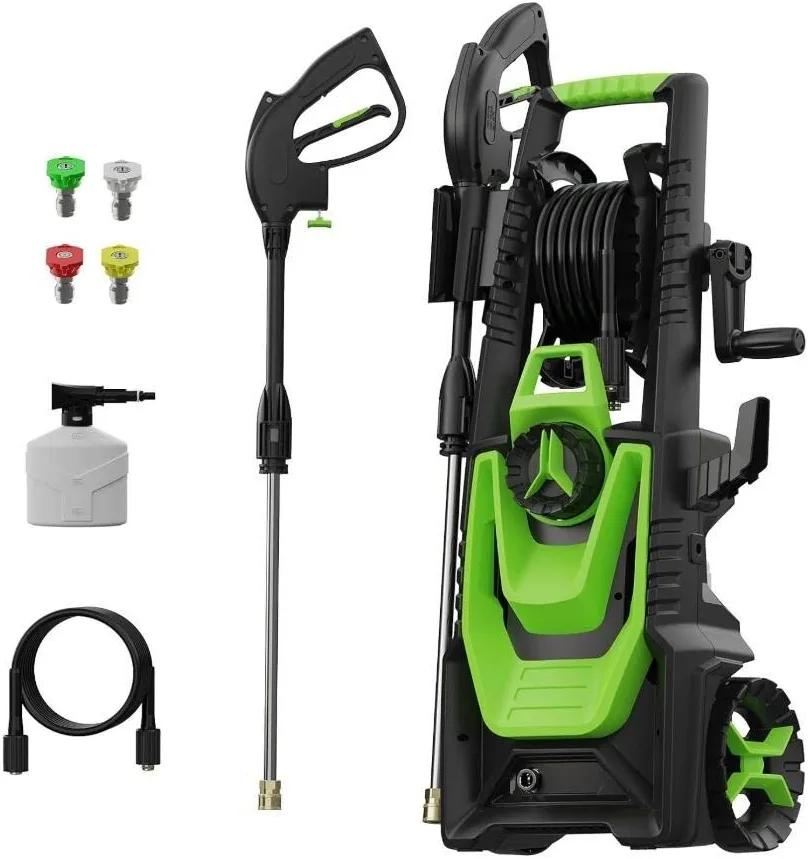 Electric Pressure Washer 1700PSI Power Washer With Hose Reel, Foam Cannon, Green