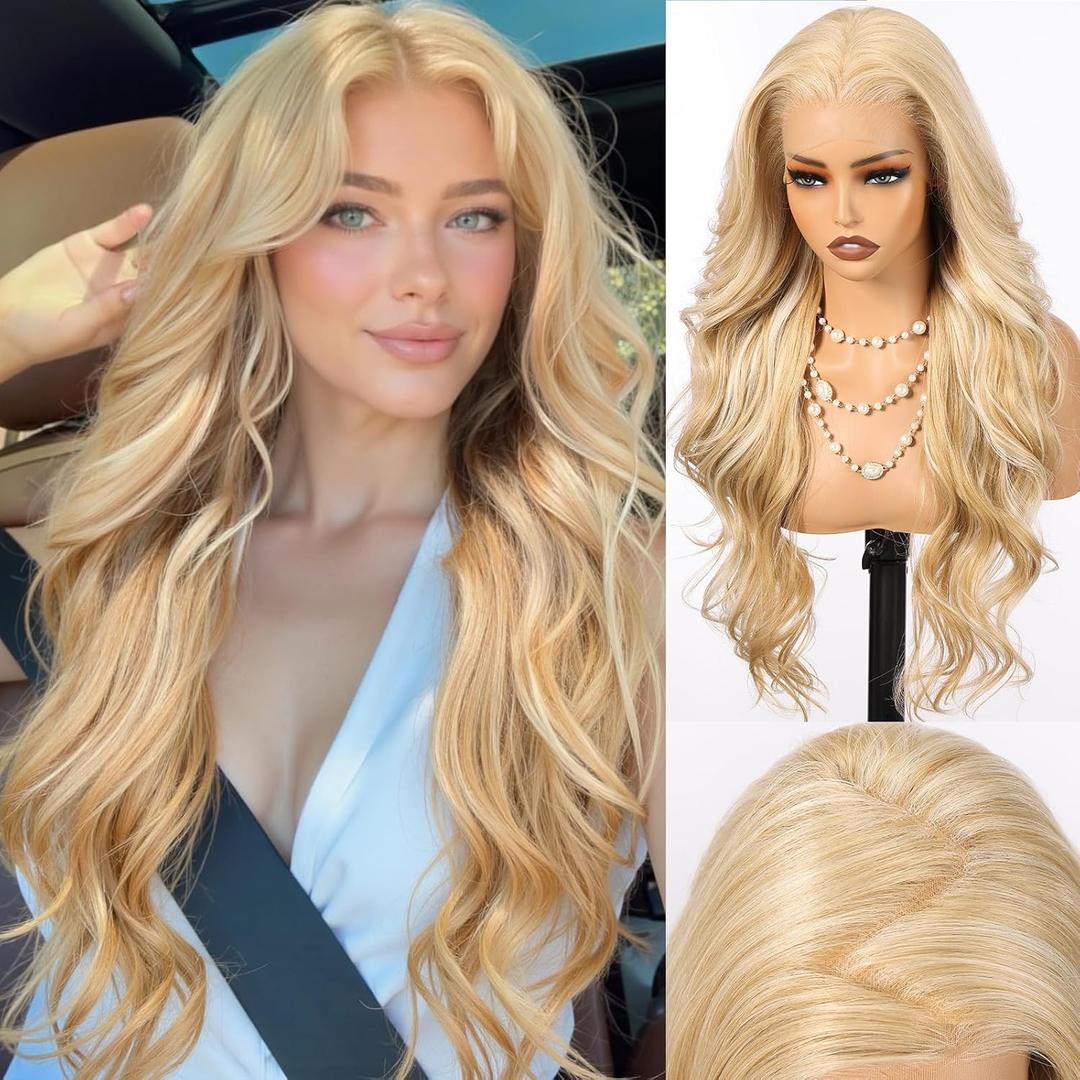 HAIRCUBE 136 Glueless Lace Front Wavy Wig, 26 Inch Lace Synthetic Wigs for Women Blonde Color