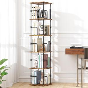 5-Tier Rotating Bookshelf, Freestanding Corner Bookshelf, 360 Spinning Bookcase Industrial Style Storage Rack with Rails, for Living Room, Bedroom, Study (Rustic Brown and Black)