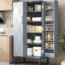 kepptory 51" Pantry Cabinet with Diamond-Patterned Doors and Golden Handles, Freestanding Kitchen Storage Cabinet with 17 Shelves, Tall Metal Base, Adjustable Feet, Grey, 16"D x 24"W x 51"H