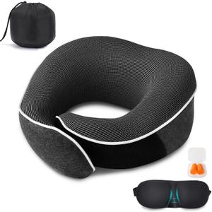 Neck Pillow for Travel, Airplane Memory Foam Plane Pillow Adjustable 12-18", Lightweight Breathable Flight Pillow with Pouch, Office & Car Use, Durable Washable Fabric Dark Grey