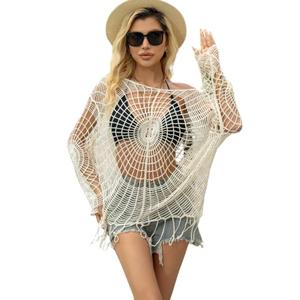 STARWHISPER Womens Swim Cover Up for Swimwear, Cotton Crochet Bikini Beach Dress, Long Sleeve Deep V Swimsuit Tunic