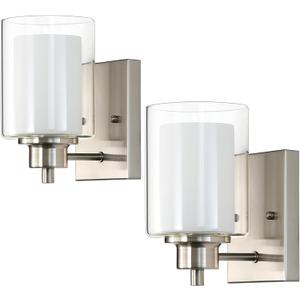 2 Pack Bath Vanity Light Fixtures 1-Light, Indoor Brushed Nickel Wall Light with Dual Glass Shade, Modern Bathroom Wall Scone Lighting, Vintage E26 Base Wall Mount Lamp for Bedroom