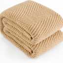 Knitted Throw Blanket 50"X60", Tan Brown Knit Throws for Bed, Super Soft Boho Chevron Blankets for Couch Sofa Chair Room Decor, Textured Decorative Farmhouse Cozy Lightweight