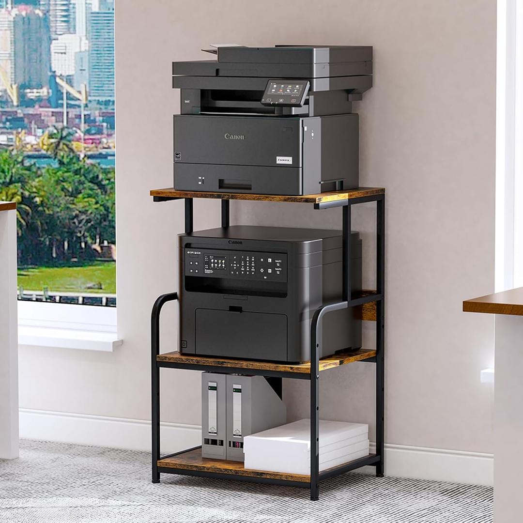 Printer Stand with Storage Shelf,3 Tier Printer Cart with Wheels,Mobile Printer Table for Home Office,Stands for Printer Heat Press Scanner Fax,Industrial Style (Brown) (Standard, Brown)