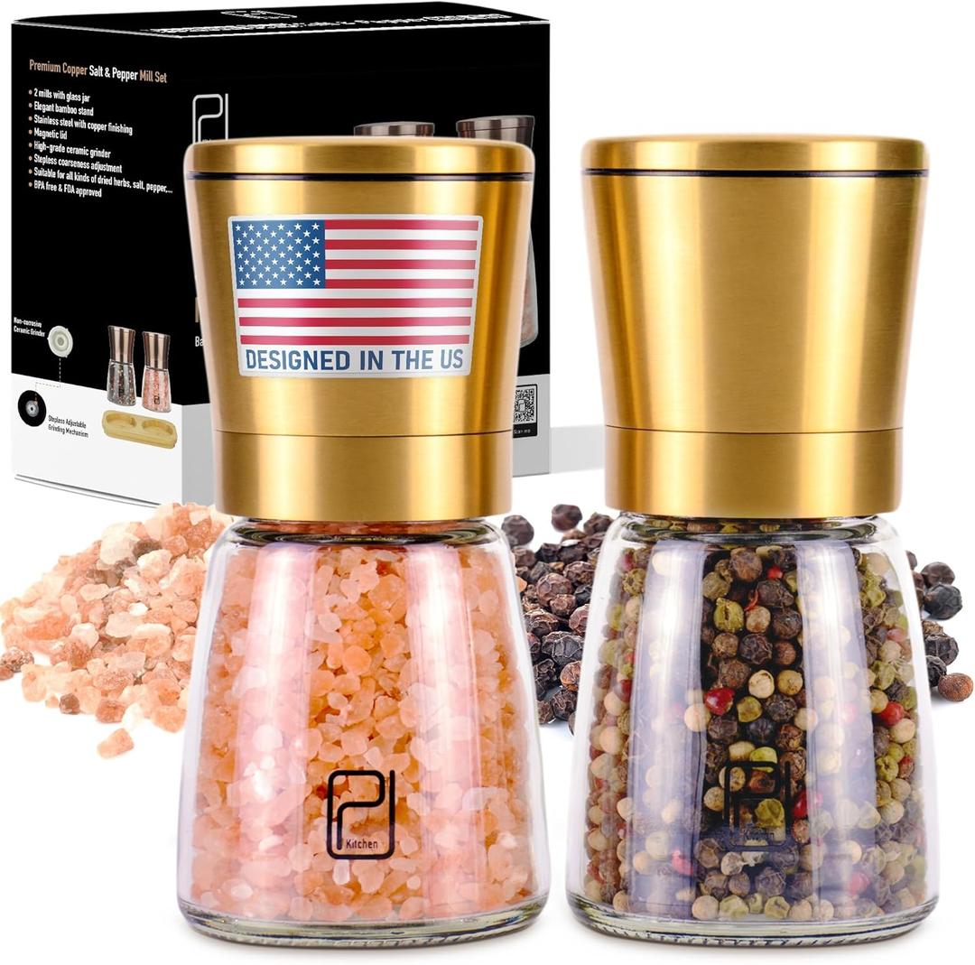 Premium Salt and Pepper Grinder Set - 5 oz, Golden Stainless Steel - S&P Spice Shakers - Refillable & Adjustable Coarseness Hand Mill for Spices & Seasonings - by PJC-Kitchen