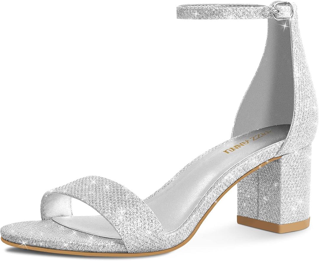 PIZZ ANNU Women's Low Block Chunky Heels Sandals Comfortable Open Toe Ankle Strap Party Dress Pump Shoes Strappy Buckle Heeled Sandal with 2 Inches Tall Thick Heel Design, 6.5, Silver Glitter