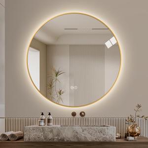 LAIYA 36 Inch Round LED Bathroom Mirror with Lights, Gold Aluminum Frame, Anti-Fog Dimmable Backlit Vanity Mirror, 3 Color Temperature, Memory Function, Wall Mounted Lighted Bathroom Mirror