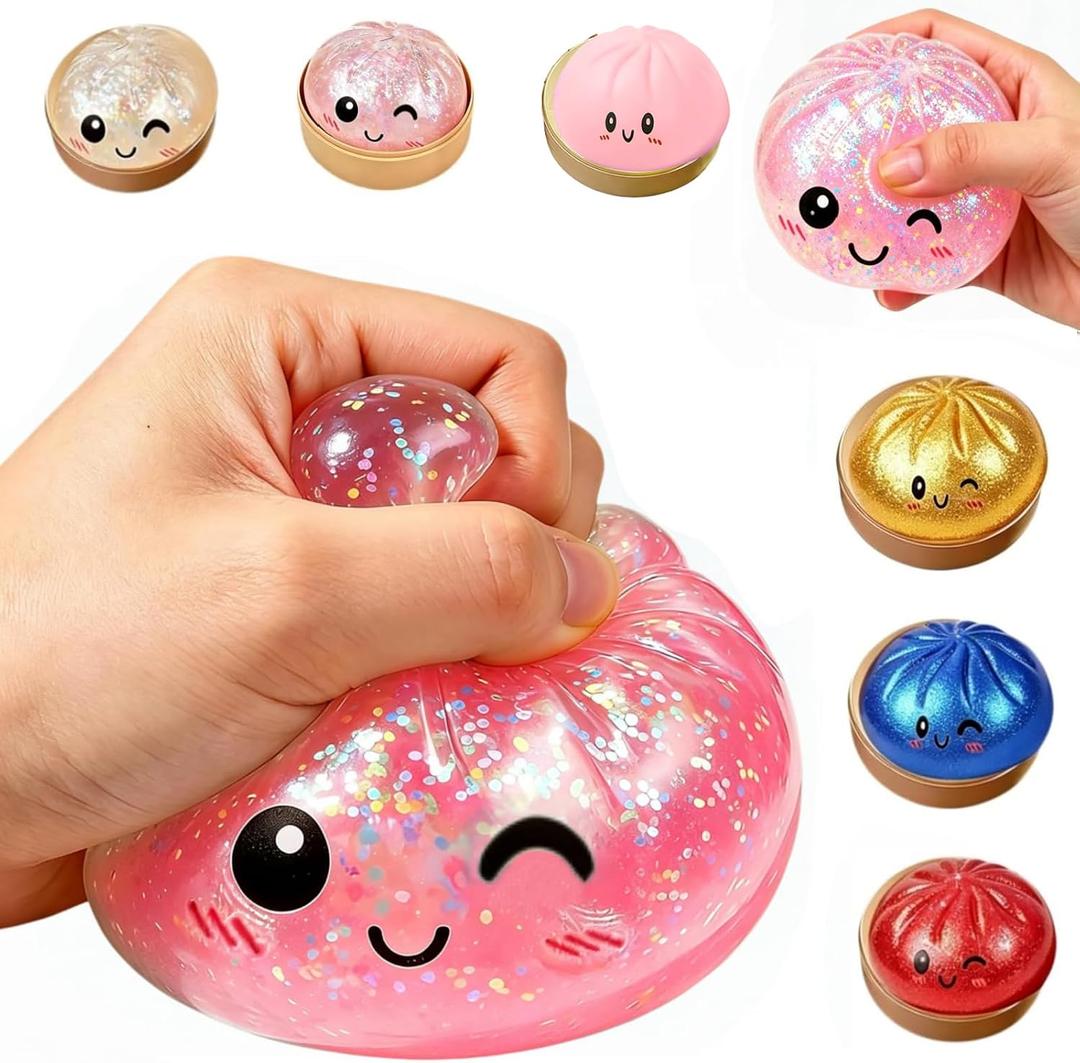 2026 Upgraded Dumplings Stress Balls Fidget Sensory Balls,Dumpling Squishies, Glitter Dumpling Mystery Box,Squeeze Dough Ball Stress Relief Hand with Food Steamer, Relaxation Gift ( Glitter Pink)