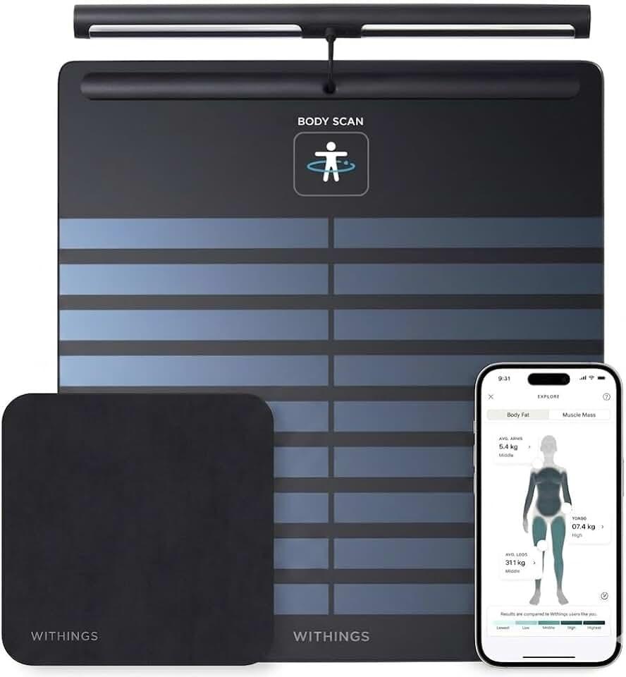 WITHINGS Body Scan + Cleaning Kit - Smart Scale with Segmental Body Composition Analysis, Weighing Scales Body Weight & Vascular Age, Visceral Fat, Heart Rate, iOS/Android, Black