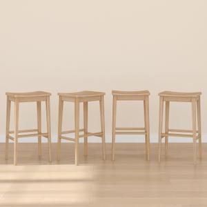 Plank+Beam Smythe Bar Stool, 30", Set of 4, Sturdy Wood Modern Kitchen Bar Height Stool, Saddle Seat Backless Bar Chair, Metal Footrest, Blonde