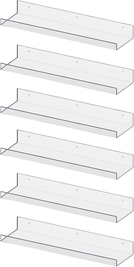 RLAVBL 6 Pack Acrylic Shelves, 15" Floating Wall Shelves for Bedroom, Living Room, Bathroom, Kitchen Storage