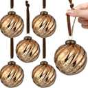 Threan 6 Pcs Large Vintage Mercury Glass Christmas Ornaments 3.15" Hanging Christmas Ball Ornaments Antique Embossed Ball Decorations for Xmas Tree Garland Wreath Holiday Decor(Brown,Twist)