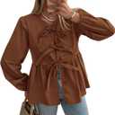 PRETTYGARDEN Women's Spring Fall Babydoll Peplum Blouse Shirt Puff Long Sleeve Bow Tie Front Trendy Cute Y2K Going Out Tops (Brown, L)