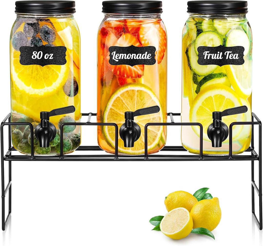 3 Pack 80 oz Glass Beverage Dispenser with Stand Clear Mason Jar Water Dispenser for Party, Fridge Includes Leakproof Stainless Steel Spigot, Black Lid and Label(Black)