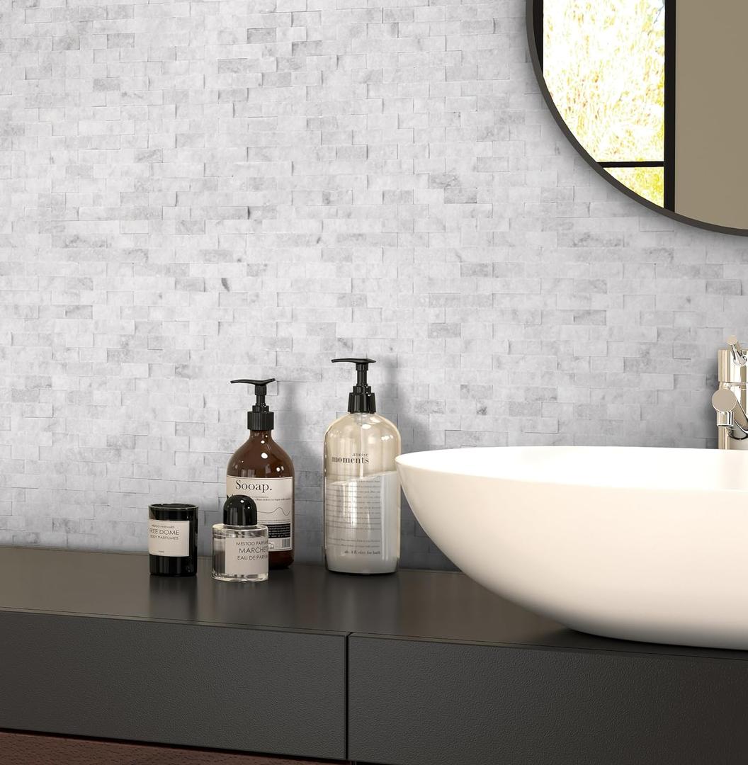 SUNWINGS 5-Sheet Peel and Stick Mosaic Natural 3D Stone Self Adhesive Marble Tiles, 10.63" x 11.22" Stick on Backsplash for Kitchen Bathroom Fireplace Vanity, Mixed Gray