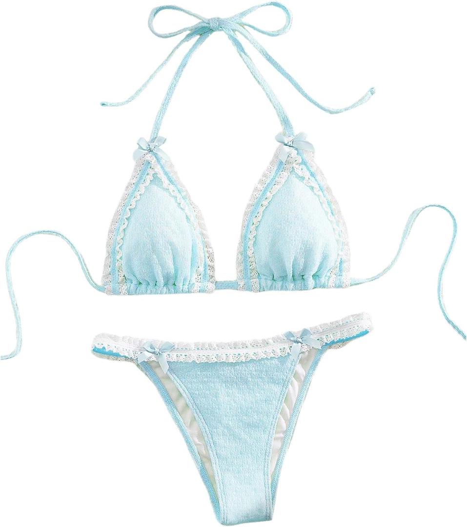 Milumia Women's Lace Trim Bow Tie Bikini Set Triangle Halter Swimsuit (L)