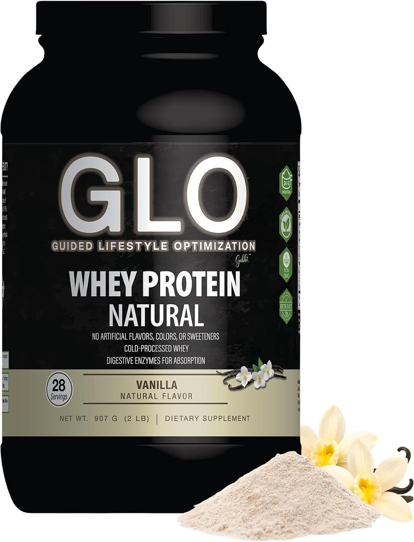 GLO Health Foods Cold-Processed Whey Protein - Vanilla Flavor - 24g Protein per Serving - Whey with Digestive Enzymes & BCAAs - Supports Muscle Growth, Strength & Recovery - 2 LB (28 Servings) 04/2028