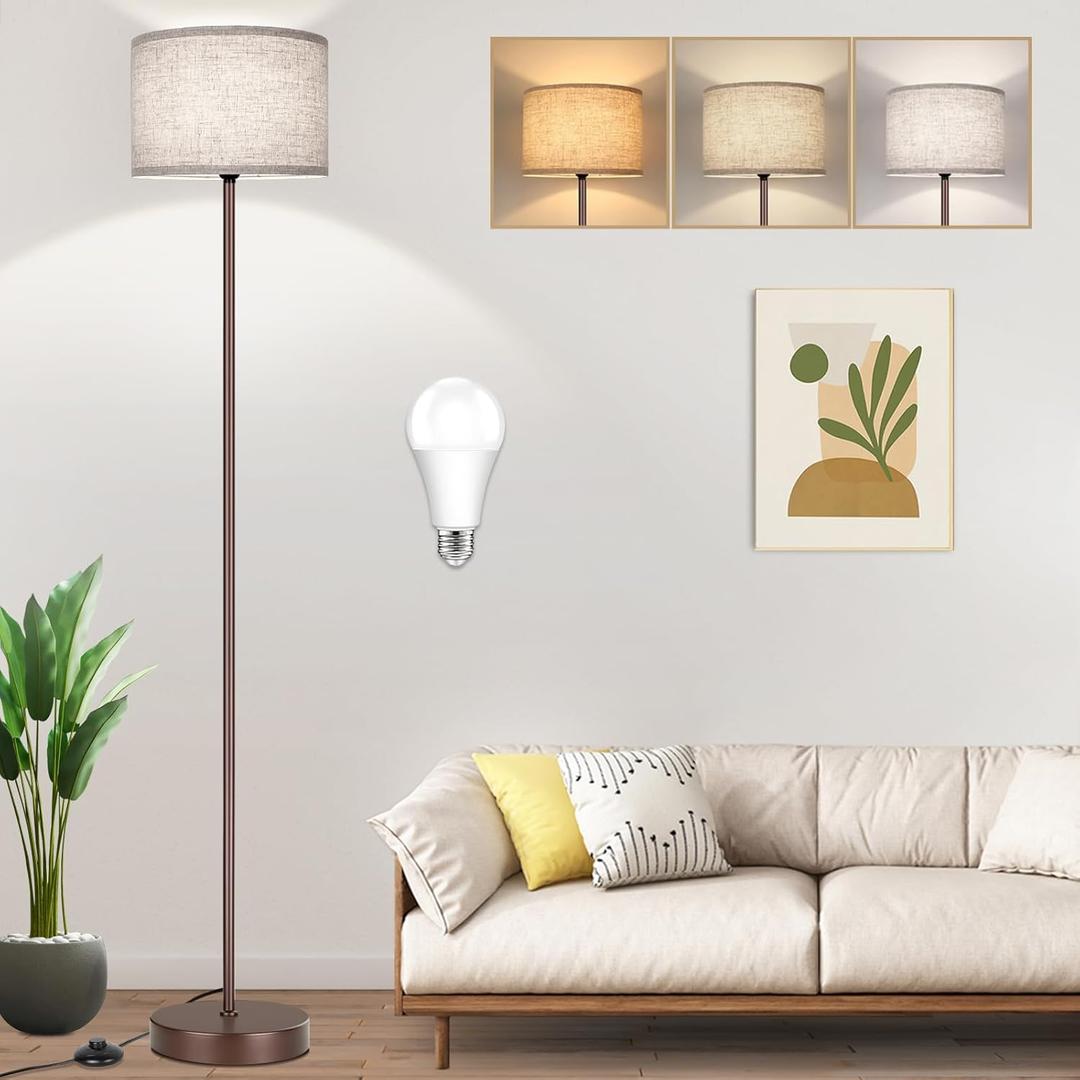 65 Simple Design Floor Lamp with 3CCT 9W LED Bulb, Modern Industrial Standing Lamp for Living Room with Foot Switch, Tall Lamp with Drum Shade, Stand Up Floor Light for Study Bedroom Office, Brown