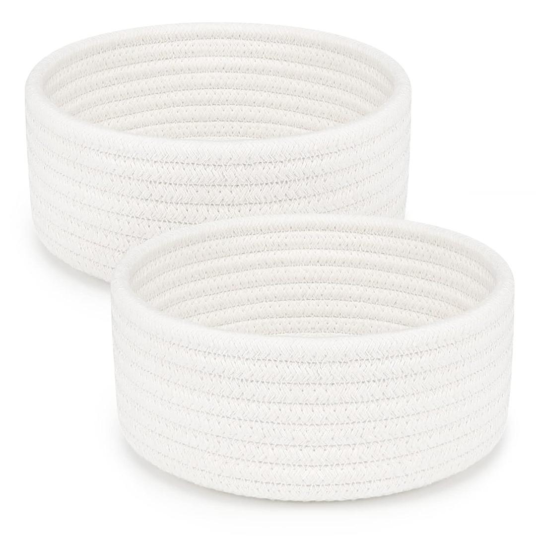 ABenkle 2 Pack Small Baskets, Cotton Rope Woven Basket, Cute Mini Tiny Storage Baskets, Decorative Boho Basket for Nursery Living Room Bedroom Shelf, Empty Gift Baskets - White